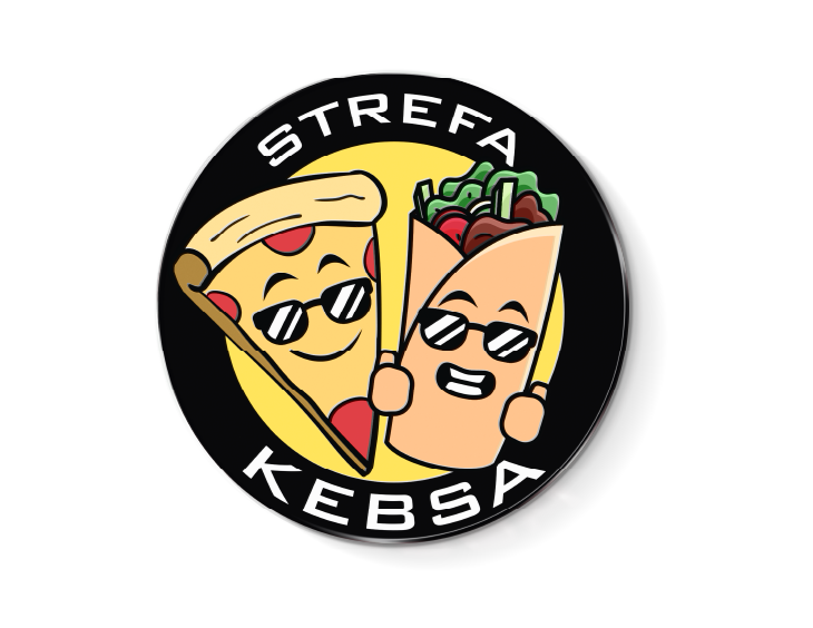 Logotyp. Okrągłe logo z kreskówkową pizzą i kebabem w okularach. Logo gastronomia.
