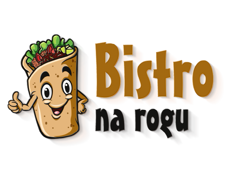Logotyp. Kreskówkowa postać z jedzenia z napisem "Bistro na rogu". Logo gastronomia.