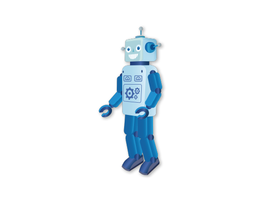 Kreacja brand hero. Projektowanie maskotki firmowej, postać robota, symbol innowacji technologicznej.