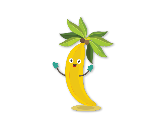 Kreacja brand hero. Projektowanie maskotki firmowej, postać banana-palmy, wizerunek marki.