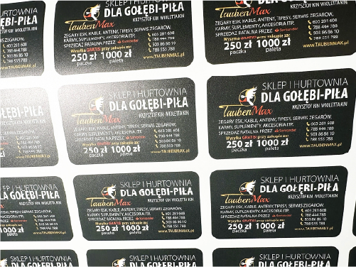 Druk naklejek reklamowych. Naklejki samoprzylepne z logo hurtowni dla gołębi, promocja produktów.