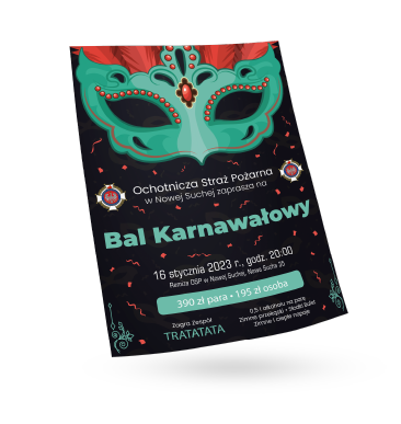 Plakat z zieloną maską karnawałową, zaprasza na bal, data 16 stycznia, cena za osobę i parę.