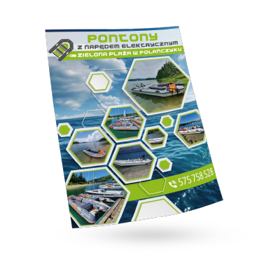 Plakat reklamowy z grafiką pontonów na jeziorze, zielonymi elementami i kontaktem. Plakat promocja.