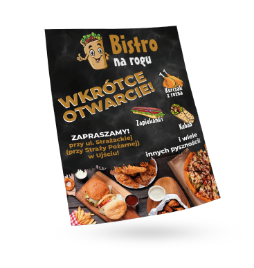 Ciemny plakat reklamowy z grafiką jedzenia i tekstem "WKRÓTCE OTWARCIE!". Plakat gastronomiczny.