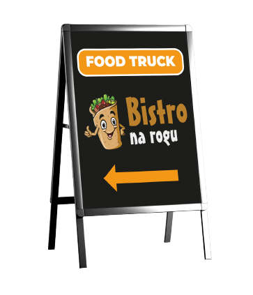 Potykacz reklamowy food trucka. Stojak informacyjny z grafiką kebab, wskazujący kierunek, druk.