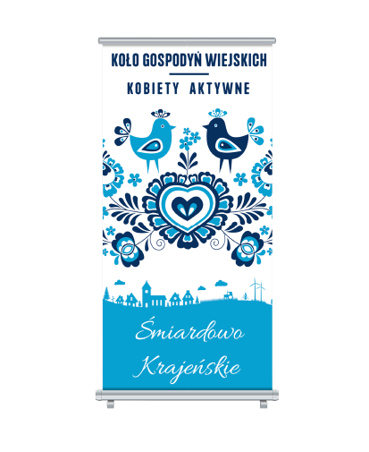 Roll-up reklamowy z nadrukiem, folklorystyczne wzory i ptaki w kolorze niebieskim.