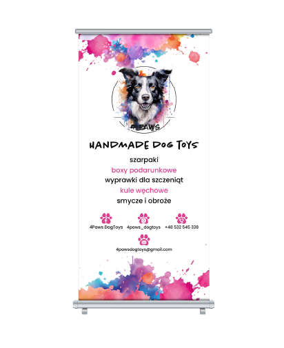 Roll-up reklamowy z nadrukiem, grafika psa z akwarelowym tłem. Roll-up z akcesoriami dla zwierząt.