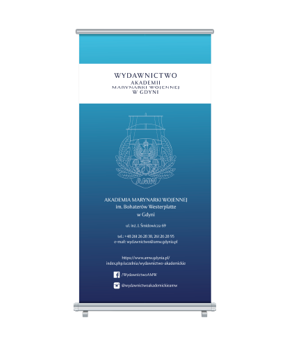 Roll-up reklamowy z nadrukiem, gradient od błękitu do granatu, godło. Roll-up pionowy.