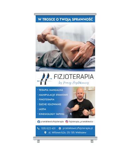 Roll-up reklamowy z nadrukiem, zdjęcie terapii fizycznej i terapeuty. Roll-up fizjoterapia.