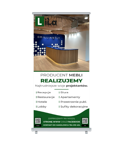 Roll-up reklamowy z nadrukiem, zdjęcie nowoczesnej recepcji. Roll-up meblowy.