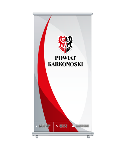Roll-up reklamowy z nadrukiem, tło biało-czerwone, godło. Roll-up pionowy.