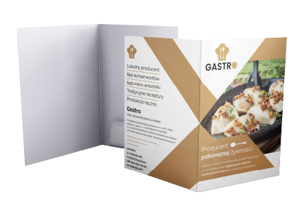 Teczka z nadrukiem, grafika pierogów na patelni, beżowo-białe. Teczka gastronomiczna.