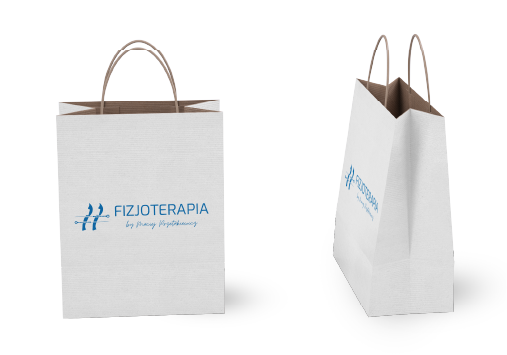 Białe torby papierowe z uchwytami, niebieski nadruk. Torba z tekstem fizjoterapia.