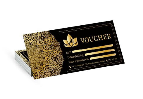 Czarne vouchery ze złotym, ozdobnym nadrukiem. Voucher z logo.