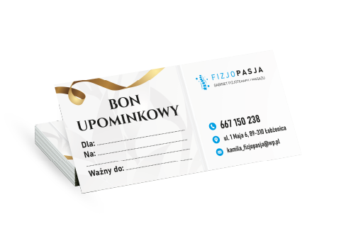 Białe vouchery z nadrukiem bonu upominkowego. Voucher z logo.