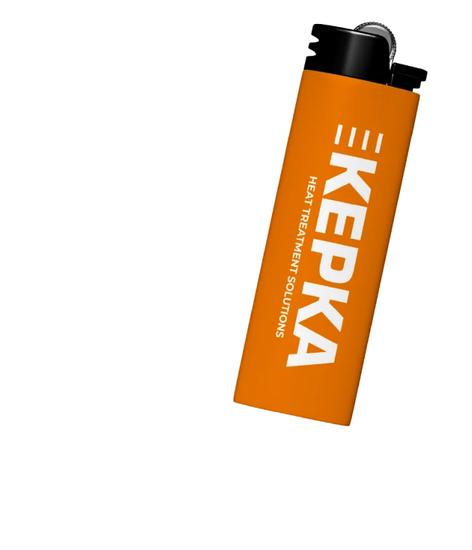 Pomarańczowa zapalniczka z nadrukiem. Zapalniczka reklamowa dla obróbki cieplnej, gadżet firmowy.