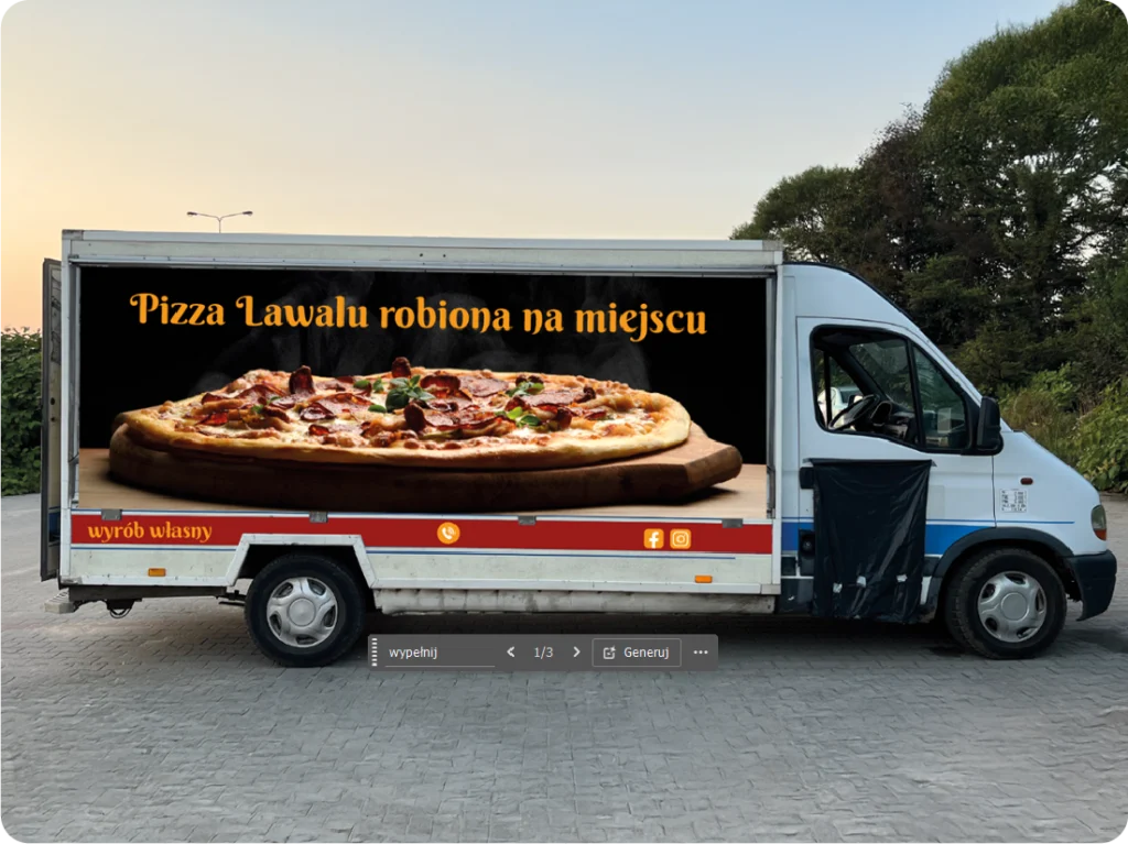 Oklejanie samochodu dostawczego pizzą. Reklama wizualna na pojazdach, branding firmy gastronomicznej.