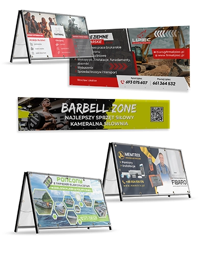 Zestawienie różnych projektów banerów reklamowych i potykaczy, obejmujące branże: budowlaną, sportową, turystyczną oraz instalacyjną.