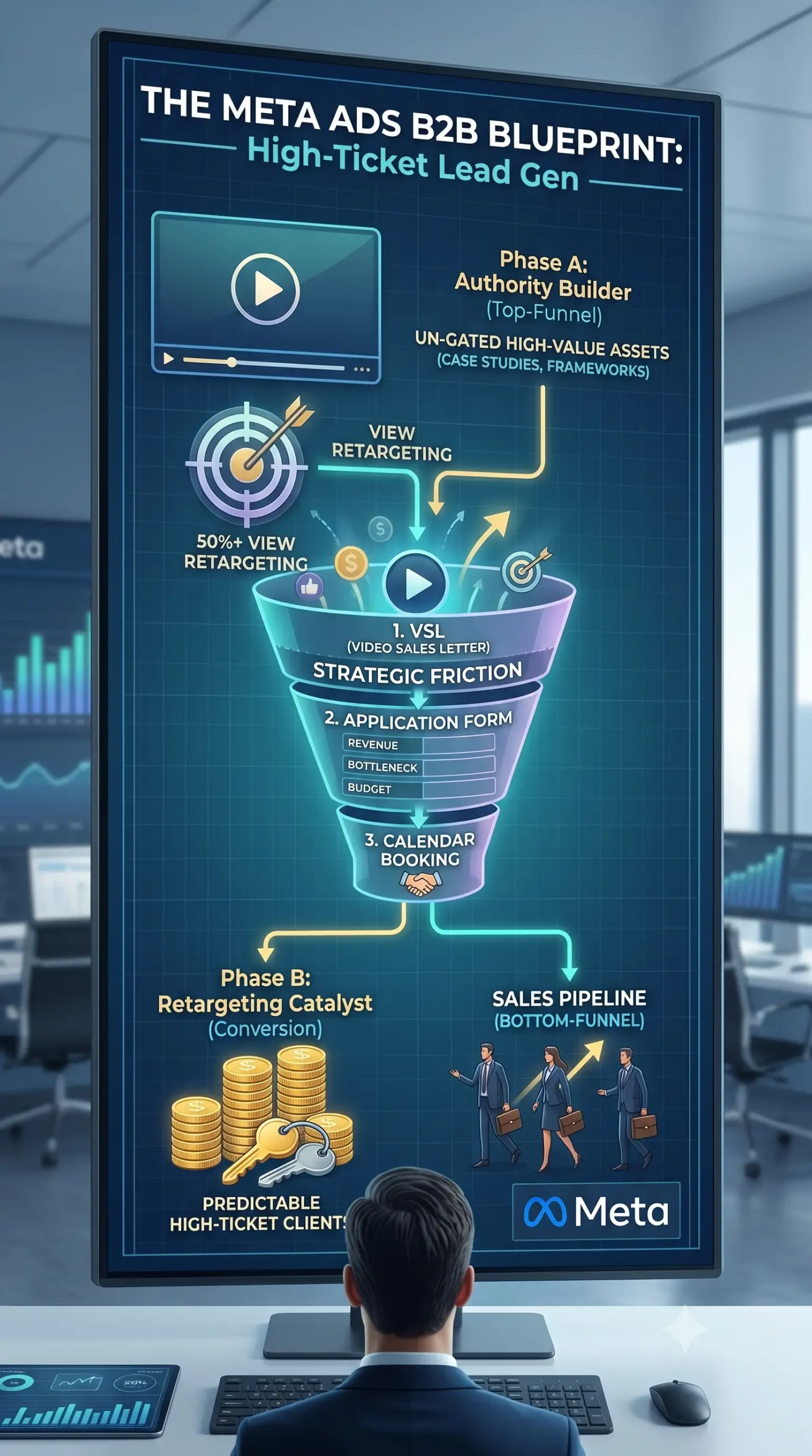 Vertical infographic blueprint of a high-ticket B2B lead generation funnel for Meta Ads.