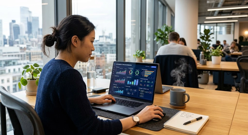 A modern minimalist workspace of a startup founder with an open laptop displaying AI workflow automation charts, next to a steaming cup of coffee.