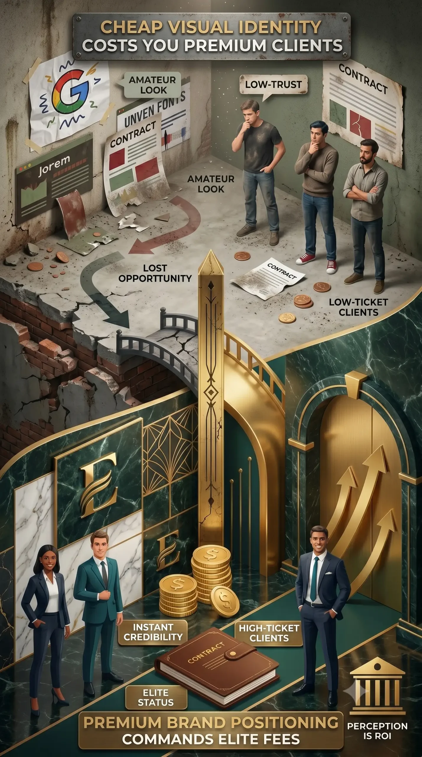 A split vertical graphic comparing a cheap visual identity that repels high-end clients with premium brand positioning that commands elite fees.